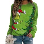 Kvinnor The Grinch Printed Sweatshirt Crew Neck Christmas Casual Lös Pullover Jumper Toppar qd bäst Green 2XL