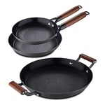 MasterPRO Odín - Lot de 2 poêles antiadhésives - 20 et 24 cm - Poêle à griller de 32 cm - En fer pressé - Poignées ergonomiques en bois - Pour tous les types de plaques