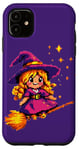 Coque pour iPhone 11 Pixelated Petite sorcière violette sur un balai pour enfants