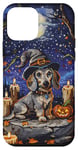 iPhone 12 mini Funny Blue and Cream Dachshund Dog Witch Hat Halloween Men Case