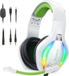 PG1 Casque Gaming pour PS4/PS5/PC/Xbox/Nintendo Switch, Casque Gamer avec Son Microphone Stéréo AI, Casque PS5 avec Prise Jack 3,5 mm et lumière RVB, Blanc/Vert