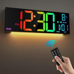 Grande horloge murale numérique de 16 pouces avec télécommande, double alarme LED, 8 couleurs RVB, luminosité automatique été/hiver, date, température, veilleuse, pour salon, chambre à coucher