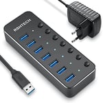 Hub USB Alimenté，RSHTECH Aluminium USB Hub 3.0 à 7 Ports Multiprise USB 3.0 avec 5V/2A Alimentation Externe Multi Port USB Hub, 5 Gbit/s, Commutateurs Individuels et Indicateur LED-Noir（RSH-518）