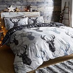 DE CAMA Cerf Tartan Carreaux Gris Argent Animal Parure de lit avec Housse de Couette de cerf, Noir, Double