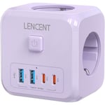 LENCENT Prolongateur de prise murale 7-en-1 EU Plug avec prises 3AC + 2 USB-A + 2 USB-C Cube Socket On/Off Adaptateur interrupteur pour la maison - Type Purple 3AC 2U2C #B