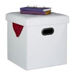 Relaxdays Tabouret de Rangement, rembourré, Pliable, HLP : 39x37x37 cm, Similicuir, Salon, Chambre, Blanc