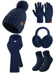 heekpek Hat and Scarf Set for Women 5 PCS Winter Set Knitted Beanie Hat Earmuffs Long Scarf and Touch Screen Gloves Thermal Socks Gift Set for Winter Skiing Outdoor Sports, Navy Blue, One Size