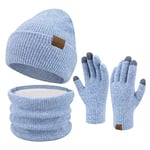 ZASFOU Femme Bonnet d’hiver Chapeaux Foulard Écran tactile Gants Set Bonnets tricot chaud cache cou pour homme,Bleu Clair