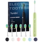 7AM2M Sonic Electric Toothbrush for Adults and Kids, One Charge for 90 Days, with 6 Brush Heads, 5 Modes with 2 Minutes Build in Smart Timer, Roman Column Handle Design(Green)