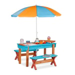 relaxdays Ensemble Chaise et Table de Jeux Enfant Jardin, en Bois, Table, 2 bancs et Parasol, Meuble extérieur, coloré