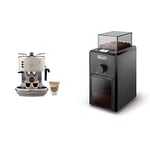 De'Longhi Vintage Icona Traditionnelle Barista Pompe Espresso Machine, Crème & KG79 Moulin à Café Electrique, Broyeur pour Grains de Café avec Réservoir d'une Capacité de 120 g, 110 W, Noir