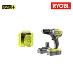 Pack RYOBI perceusse visseuse 18V One+ - 2 batteries 2.0Ah - chargeur rapide 2.0Ah-220S - Coffret 127 accessoires de vissage perçage