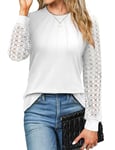 Zeagoo Lace Long Sleeve Work Shirts Knit Trendy Tops Casual Blouses Crewneck Tops for Women White L