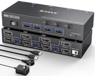 USB 3.0 KVM Switch HDMI 3 PC 2 Moniteurs 4K@60Hz 2K@144 Hz, Simulation EDID, Commutateur KVM 3 PC 2 Moniteurs avec 4 Ports USB 3.0 pour Clavier Souris, Télécommande par Câble et Câble Inclus