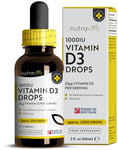 Vitamin D3 Drops 60ml (2000 Drops) – Vitamin D 1000IU per Drop – Flexible Dose of Liquid Vitamin D Supplement – Supports Normal Bones, Immune System & Calcium Absorption - Made by Nutravita