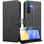 UITUIM Coque pour Samsung Galaxy A15 4G/5G Coque Etui Portefeuille Cuir avec Verre Trempé Protection Écran Porte Carte Rabat Clapet Flip Case Étui Cover Housse Etui pour Samsung Galaxy A15 4G/5G,Noir