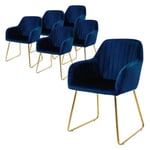 Lot de 6 chaises de salle à manger bleu, en velours pieds dorés en métal