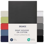 Dreamzie Drap Housse Surmatelas 140x200 cm - 160x200 cm, Jersey 100% Coton, Hauteur De Surmatelas Jusqu'à 15 cm, Hypoallergénique, Oeko-Tex, Noir