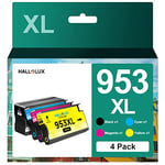 HALLOLUX 953XL Cartouches d'encre Remplacement Compatible pour HP 953 XL 953XL 953 pour Officejet Pro 7740 8710 8730 7720 8720 7730 8725 8719 8210 8715 8718 8740 8218 (Noir Cyan Magenta Jaune, 4-Pack)