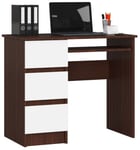 Bureau d'ordinateur AKORD gauche A6 Wengé 90 cm 3 tiroirs façade Blanche 1 étagère 90x50x77 cm