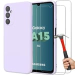 Fodral + 2 härdade glasögon för Samsung Galaxy A15 4G-5G, tunn Lättviktseffektivt stötsäkert silikonskydd Lila