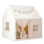 COSTWAY Tente de Jeux Enfant avec Guirlandes Lumineuses Étoiles & Drapeau, Cabane Enfant Interieure avec Tapis Lavable, Poche Latérale, Style Princesse pour 3 Enfants de 3-8 Ans, 125x100x127cm