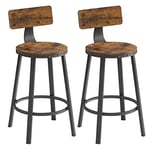 VASAGLE Bar Stools, Kitchen Stools, Set of 2 Tall Bar Chairs with Backrest, Steel Frame, 62.5 cm High Seat, Easy Assembly, Industrial, Rustic Brown an