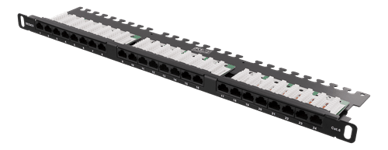 Deltaco 19" Patch panel, 0,5U, UTP, 24xRJ45, Cat6, 10Gbps, krone terminaler, kabelstøtte, metall, svart