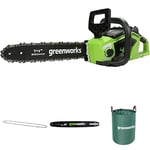 Greenworks 40V 35cm Tronçonneuse à Batterie avec Moteur Sans Balais, SANS Batterie 40V et Chargeur + Greenworks 35cm Chaîne + Greenworks 35cm Barre de chaîn + Sac à déchets de jardin Greenworks 120 L