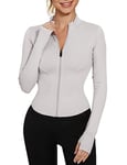 IECCP Gym Tops for Women Long Sleeve Running T-Shirt Half Zip Sports Fitness Tops Workout Yoga Tee Shirts with Thumb Holes Ivory Gray L