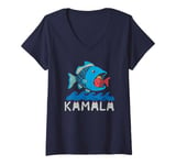 Womens Kamala Cat Letter Blue Wave Fish Eat Trump Fish V-Neck T-Shirt