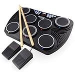 RockJam Rechargeable Bluetooth Midi 7 Pad Tabletop Digital Drum Kit with 2 Drum Pedals, Drumsticks