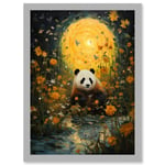 Harvest Moon Panda Landscape Oil Painting Panda Bear in a Wildflower Meadow with Flowing Stream Kids Bedroom Artwork Framed Wall Art Print A4