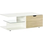 Homcom - Table basse design contemporain 2 tiroirs 2 niches étagère verre trempé panneaux blanc aspect chêne clair