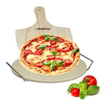 Relaxdays 10020491 Pierre à pizza ronde 1 cm avec support en métal pierre à pain cuisson four pelle à pizza bois spatule HxlxP: 4 x 32 x 32 cm, nature