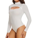 Joyshaper Bodysuit for Women Sexy Cut Out Long Sleeve Leotard Ladies Top with Snap Closure Slimming Bodysuits Thong Body Suit Casual Going Out Winter Outfit White XL