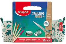 Maped - Trousse Smiling Planet avec Fournitures scolaires - Trousse Scolaire en Tissu + 12 Crayons de couleur FSC + 1 Ciseaux 16cm + 1 Taille-Crayons avec Réserve + 1 Gomme Blanche