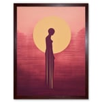 Sunrise Solitude Minimalist Artwork Plum Pink Gold African Woman Silhouette in Golden Sun Halo Art Print Framed Poster Wall Decor 12x16 inch