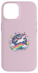 Coque pour iPhone 14 Licorne ludique volant à travers le ciel étoilé avec arc-en-ciel