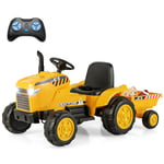 GOPLUS Tracteur Electrique Enfants 12V avec Remorque Amovible, 3 Vitesses 2,5-3,5 km/h, Télécommande, Lumières LED, Son, Voiture Électrique Enfants 1 Place 3-8 Ans,Charge 30KG (Jaune)