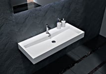 Lavabo mural / lavabo à poser en marbre coulé BS6002 -blanc- 76,5x30x10cm, avec trou prépercé