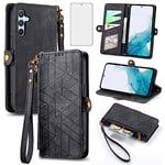 Asuwish Phone Case for Samsung Galaxy A54 5G Wallet Cover with Tempered Glass Screen Protector and Wrist Strap Leather Flip Zipper Credit Card Holder Stand Cell A 54 54A SM A546U 2023 Women Men Black