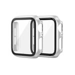 EDIMENS 2 Pack Hard PC Case Compatible with Apple Watch 44mm Series 6 / SE / 5/4 Women Men, Overall PC Case Slim Tempered Glass Screen Protector Protective Cover for Apple iWatch 44mm SE Silver