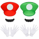 Aomig Mario Costumes, 6 Pack Mario Cosplay Costume Accessories Kits for Women Men Kid, Mario and Luigi Hats Cap Mustaches White Gloves Fancy Dress Up for Mario Party Carnival Costume