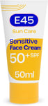 E45 SPF50+ Sensitive Sun Cream for Face with Hyaluronic Acid - UVA and UVB Prote