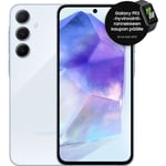 Samsung Galaxy A55 5G -puhelin, 128/8 Gt, sininen + Galaxy Fit 3 -aktiivisuusranneke, tummanharmaa -tuotepaketti