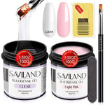 Saviland Gel Construction Ongle U V Kit, 2*100g Dur Gel Clair et Rose pour ongles, Professionel Builder Gel avec 100PCS Chablon Ongle et Pinceau à Ongles Lime à Ongles pour Extension l'Ongle