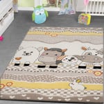 TT Home Tapis pour Enfant Chambre d'enfant Animaux De La Ferme Rigolos Contours Découpés Beige Gris, Dimension:200x290 cm