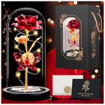 YiWeel Cadeau Femme, Rose Eternelle avec Diamant, Rose Eternel sous Cloche en Verre, Artificielle Fleur Eternelle avec LED Lumineuse, Rouge Rose Belle et La Bete, Rose Éternelle Cadeau