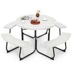 COSTWAY Ensemble de Table Ronde de Pique-nique et 4 Bancs, pour 8 Personnes, Trou pour Parasol, pour Patio, Jardin, Blanc